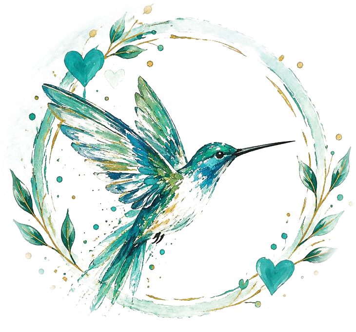 Colibrí en acuarela dentro de un anillo verde agua con hojas y corazones
